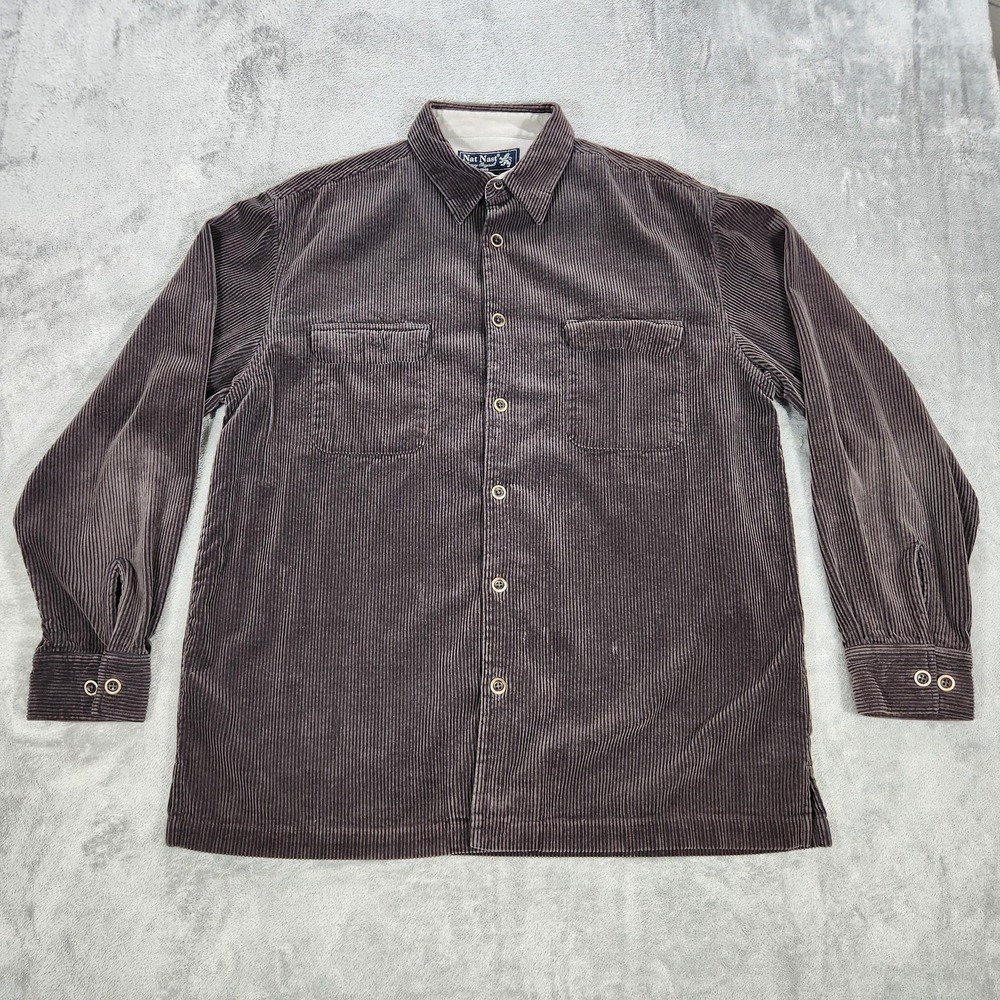 Nat‎ Nast Shirt Mens Large Brown Corduroy Silk Cotton Long Sleeve Button Front
